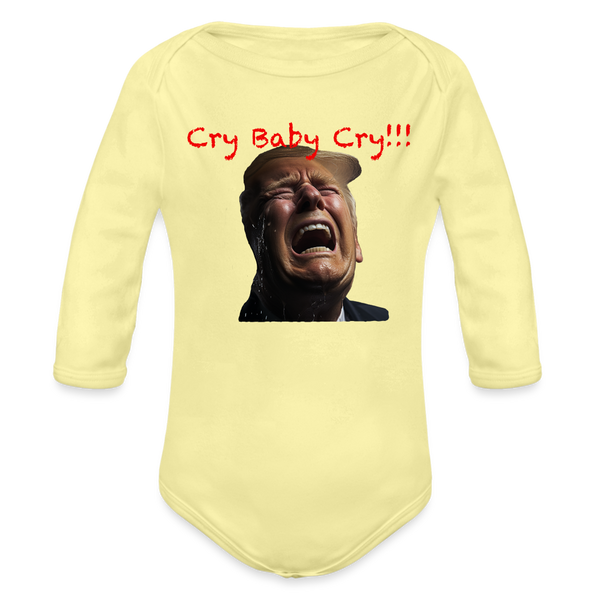 "Cry Baby Baby" Organic Long Sleeve Baby Bodysuit - washed yellow